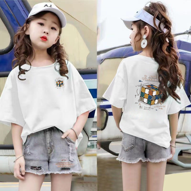 [พร้อมส่ง] เสื้อยืดแขนสั้น ผ้าฝ้าย พิมพ์ลาย สไตล์เกาหลี ญี่ปุ่น อินเทรนด์ สําหรับเด็กผู้หญิง