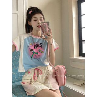 love flower ชุดเสื้อยืดแขนสั้น กระโปรงคาร์โก้ ผ้าไนล่อน แบบแห้งเร็ว สีฟ้า และสีขาว แฟชั่นสําหรับเด็กผู้หญิง