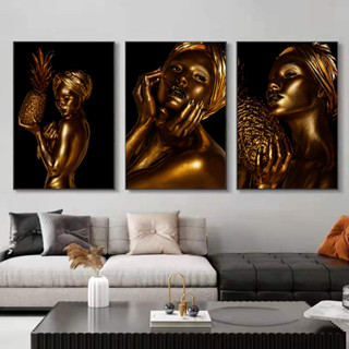 Golden ภาพโปสเตอร์บนผ้าใบ ลายผู้หญิงแอฟริกัน สีทอง สไตล์โมเดิร์น สําหรับตกแต่งผนังบ้าน ห้องนั่งเล่น