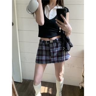 Thai School Spicy Girls Splice Fake Two Piece V-Neck Short Top T-shirt+Slim Plaid Short Skirt A-line Half Skirt Spicy Girls Wrap Hip Skirt Short Skirt