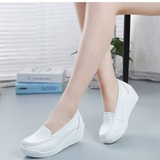 รองเท้าแพลตฟอร์ม หนังนิ่ม ระบายอากาศ สีขาว ไซซ์ 34-40