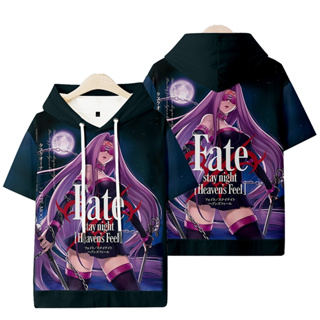 ใหม่ เสื้อกันหนาว แขนสั้น มีฮู้ด พิมพ์ลายอนิเมะ Fate Stay Night 3D ทรงหลวม สไตล์ญี่ปุ่น ลําลอง สําหรับผู้ชาย ผู้หญิง ทุกเพศ