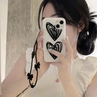 เคสโทรศัพท์มือถือ ลายหัวใจ สีดํา พร้อมสายโซ่คล้อง สําหรับ iPhone 11 12 12pro max 13 13pro 13promax 14 14pro 14promax