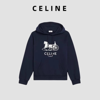 Celine ใหม่ เสื้อกันหนาวลําลอง แขนยาว มีฮู้ด พิมพ์ลายโลโก้ แบบสวมหัว