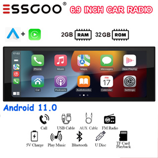 Essgoo เครื่องเล่น MP5 วิทยุ FM HD 1 Din 6.9 นิ้ว หน้าจอสัมผัส 12V บลูทูธ 2GB+32GB Carplay Android AUX USB ชาร์จเร็ว สเตอริโอ สําหรับรถยนต์