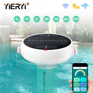 YIERYI ZigBee เครื่องทดสอบคลอรีนพลังงานแสงอาทิตย์ ระบบตรวจสอบสระว่ายน้ำอัจฉริยะ ตรวจวัดค่า pH/คลอรีนอิสระ/ORP/เกลือ/TDS/EC/อุณหภูมิในสระ เหมาะสำหรับคลอรีนและสระน้ำเกลือ อ่างน้ำร้อน สปา