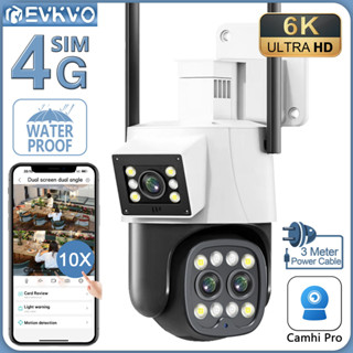 Evkvo กล้องวงจรปิด 6K 12MP สามเลนส์ ซิมการ์ด 4G PTZ WIFI IP หน้าจอคู่ ซูมได้ 10X AI ติดตามอัตโนมัติ กันน้ํา สําหรับบ้าน กล้องรักษาความปลอดภัย Camhi Pro APP