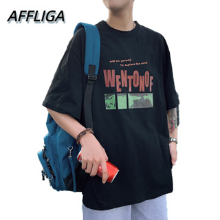 ❀ AFFLIGA ❀ ขนาด S-5XL ฤดูร้อน Casual Letter พิมพ์เสื้อยืดผู้ชาย O-Neck แขนยาวเสื้อยืดขนาดใหญ่ผู้ชายพับคิดแขนสั้นเสื้อยืดคู่ Hip Hop Street