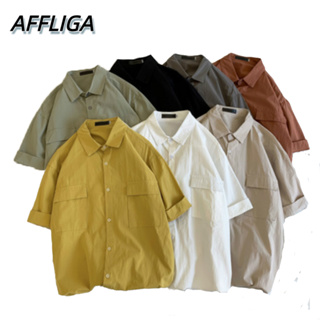 ❀ AFFLIGA ❀ เสื้อเชิ้ตแขนสั้น เสื้อเชิ้ตหลวม ๆ ลำลองสำหรับบุรุษ เสื้อเชิ้ตผ้าฝ้ายนุ่มใส่สบายสไตล์เกาหลีสำหรับผู้ชาย เสื้อเชิ้ตลำลองแขนสั้นชายหลวมสำหรับผู้ชาย