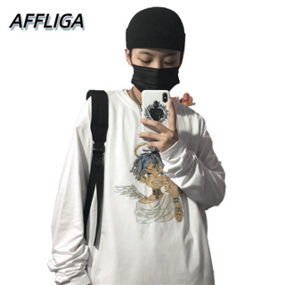 ❀ AFFLIGA ❀ Spring Autumn Angel Printed Long Sleeve T-shirts For Men Tide Brand Mens T-shirt Fashion Casual Plus Size Tops Korean Couple T-shirt Loose Pullover Harajuku Vintage