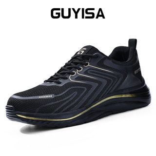 Guyisa รองเท้าบูทเซฟตี้ หัวเหล็ก เบาพิเศษ ระบายอากาศ ทนต่อการเจาะ สีดํา