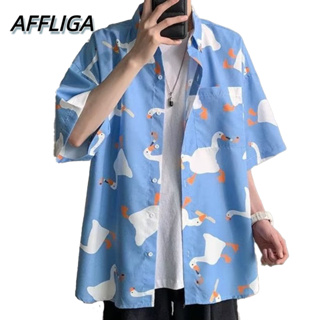 ❀ AFFLIGA ❀ เสื้อยืดแขนสั้นลําลอง ทรงหลวม พิมพ์ลายดอกไม้ เหมาะกับเดินชายหาด แฟชั่นฤดูร้อน สไตล์ฮาวาย สําหรับผู้ชาย