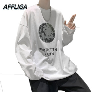 ❀ AFFLIGA ❀ 【M-5XL】เสื้อยืดลําลอง แขนยาว คอกลม พิมพ์ลาย ทรงหลวม สไตล์เกาหลี ฮิปฮอป สําหรับผู้ชาย