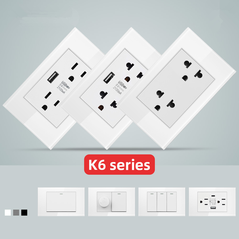 VISWE เต้าปลั๊กไฟ สวิตไฟ ปลั๊กไฟ 2 ขา เต้ารับ usb ชาร์จเร็ว ปลั๊กไฟ 3 ขา white switch,118*72mm แผงกระจก