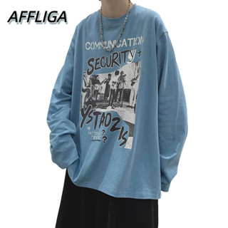 ❀ AFFLIGA ❀ 【M-8XL】เสื้อยืดคอกลมแขนยาวพิมพ์ลายตัวอักษรแฟชั่นทรงหลวมสําหรับผู้ชาย