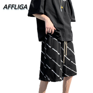 ❀ AFFLIGA ❀ 【Plus Size】M-8XL Letter Printing Striped Shorts Mens Summer Thin Hiphop High Street Knee-length Pants Straight Wide-leg Casual Shorts for Men