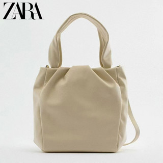 Zara กระเป๋าสะพายไหล่ ทรงบักเก็ต จุของได้เยอะ แบบพกพา สีเบจ แฟชั่นฤดูร้อน สําหรับสตรี 2023