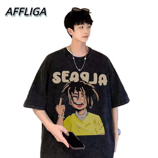 ❀ AFFLIGA ❀ เสื้อยืดแขนสั้น แขนห้าส่วน พิมพ์ลายการ์ตูน ทรงหลวม แฟชั่นฤดูร้อน สไตล์เกาหลี สําหรับผู้ชาย