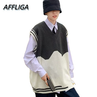 ❀ AFFLIGA ❀ เสื้อกั๊กกันหนาวลําลอง คอวี ผ้าถัก ทรงหลวม ลายทาง สีพื้น แบบเรียบง่าย เหมาะกับฤดูใบไม้ร่วง สําหรับผู้ชาย