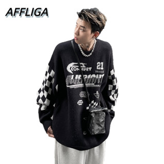 ❀ AFFLIGA ❀ เสื้อกันหนาวคอกลมแขนยาวทรงหลวมแฟชั่นสไตล์เรโทรสําหรับผู้ชาย