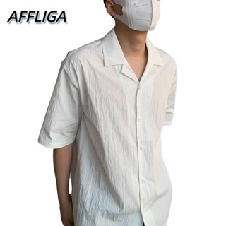 ❀ AFFLIGA ❀ เสื้อเชิ้ตแขนสั้น ผ้าฝ้าย และผ้าลินิน ทรงหลวม สีขาว แฟชั่นฤดูร้อน สไตล์เกาหลี สําหรับผู้ชาย