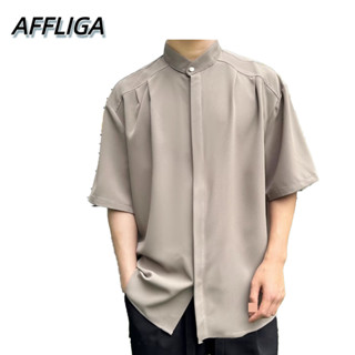 ❀ AFFLIGA ❀ เสื้อเชิ้ตแขนสั้น ทรงหลวม พิมพ์ลายตัวอักษร Bingshi เหมาะกับฤดูร้อน แบบเรียบง่าย สําหรับผู้ชาย