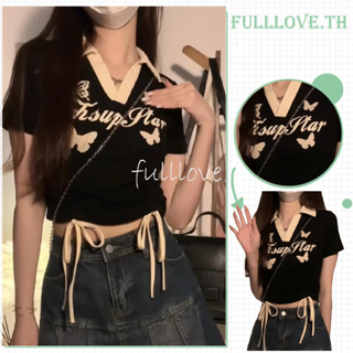 Fulllove ผู้หญิงเสื้อครอป ท็อป polo เกาหลีแขนสั้นเรียบๆเซ็กซี่เสื้อ crop top Y2K