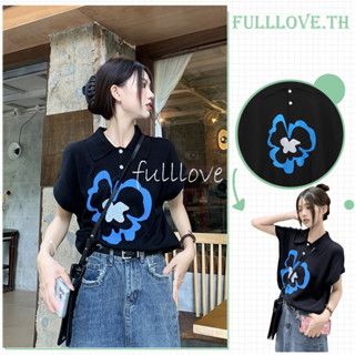 Fulllove เสื้อแฟชั่นไหมพรม​แขนสั้น#เสื้อครอปคอปกกระดุมหน้า Y2K crop top