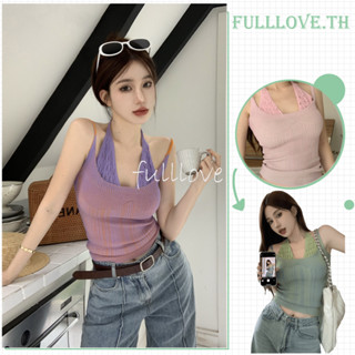 Fulllove สายเดี่ยวเข้ารูปผ้าไหมพรมแต่งขอบหยักระบาย ใส่แล้วอกสวยมากๆ Y2K crop top