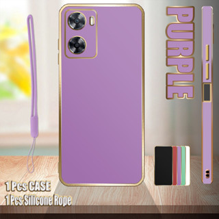 เคสโทรศัพท์มือถือ ขอบตรง ชุบไฟฟ้า พร้อมเชือกซิลิโคน สําหรับ OPPO A57 4G A57e A57s A77 4G A77s