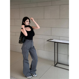 Half high collar exposed collarbone vest sweet cool high waist straight tube casual Cargo pants sleeveless T-shirt