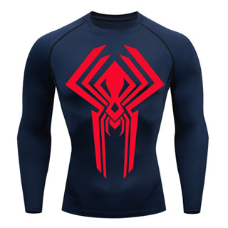 2099 เสื้อยืดแขนยาว รัดรูป กันแดด ระบายอากาศ แห้งเร็ว ลายสไปเดอร์แมน เหมาะกับการวิ่งจ๊อกกิ้ง กลางแจ้ง สําหรับผู้ชาย