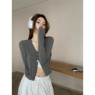 Cute Cool Feu Versatile Embroidery Button Knitted Small Shirt Cardigan Top Black/Grey Thin Coat