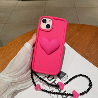 เคสโทรศัพท์มือถือ ลายหัวใจ สีแดงกุหลาบ พร้อมสายคล้อง สําหรับ Iphone 14promax 13 pro max 12 pro max 11 promax xs max xr x