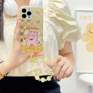 เคสโทรศัพท์มือถือ ลายการ์ตูนหมูนําโชคน่ารัก แต่งโซ่ลูกปัดสีเหลือง สําหรับ iPhone 14Pro max case 13Pro max 12Pro max 14Pro 13Pro 12Pro 11 12 13 14 case