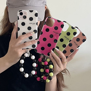 เคสป้องกันโทรศัพท์มือถือ ลายจุด สีขาวดํา มีสายโซ่ลูกปัด สําหรับ iPhone 14Pro max 13Pro max 12Pro max 14Pro 13Pro 12Pro 11 12 13 14 case