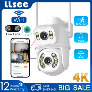 LLSEE, ICSEE, กล้องวงจรปิด WIFI, 4K, 8MP, กล้องเฝ้าระวังกลางแจ้ง แบบไร้สาย, เลนส์คู่ หลายมุมมอง, การตรวจจับมนุษย์, การมองเห็นกลางคืนแบบอินฟราเรด, รองรับ ONVIF