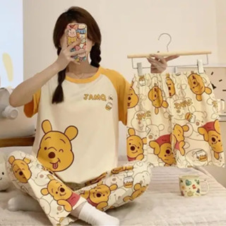 Winnie Bear ชุดนอน เสื้อแขนสั้น + กางเกงขาสั้น + กางเกงขายาว 3 ชิ้น สําหรับผู้หญิง