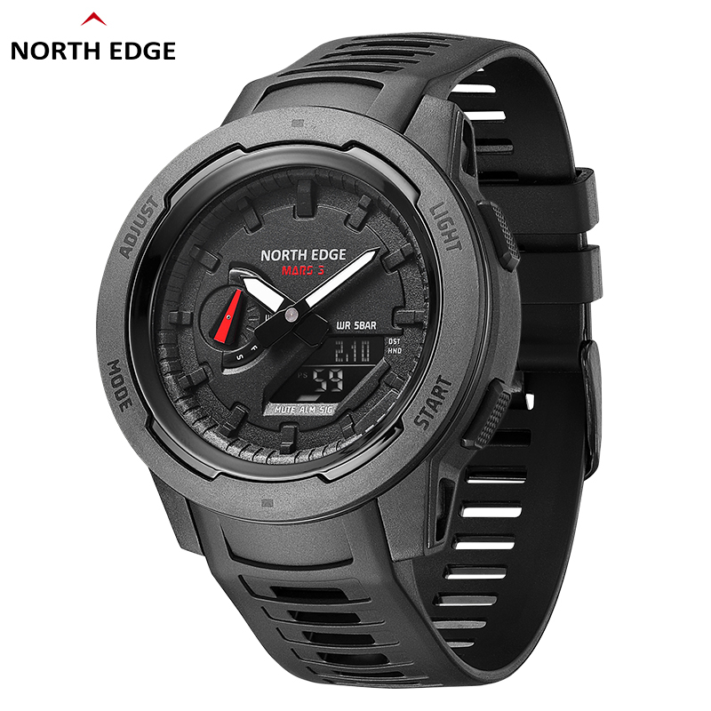 NORTH EDGE นาฬิกาผู้ชายสไตล์ Tactical ตัวเรือนคาร์บอนไฟเบอร์ หน้าจอดิจิทัล LCD เข็มเรืองแสง แสดงเวลาทั่วโลก สำหรับกีฬากลางแจ้ง กันน้ำ 50M MARS 3