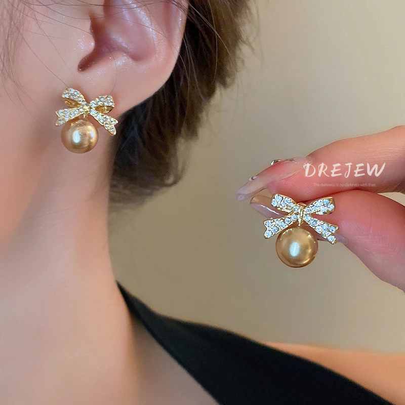 DREJEW ต่างหูเข็มเงิน ประดับมุก โบว์ เพชร สไตล์ฝรั่งเศส ย้อนยุค หรูหรา ขนาดเล็ก เครื่องประดับแฟชั่นสตรี