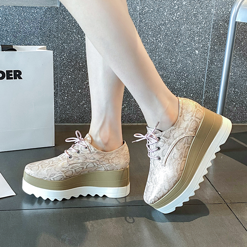 ผู้หญิงเกาหลี Wedges รองเท้าผ้าใบ Lace-Up ส้นสูง 7 ซม. Casual ปิดToe Platform ไซส์ 35-42