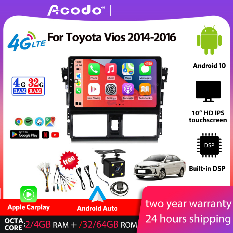 Acodo Plug And Play เครื่องเล่นมัลติมีเดีย หน้าจอสัมผัส 10 นิ้ว 4+64G 2G Ram 32G Rom Android 12.0 2.5D Ips สําหรับ Toyota Vios 2013-2016 Navigation 2 Din Stereo