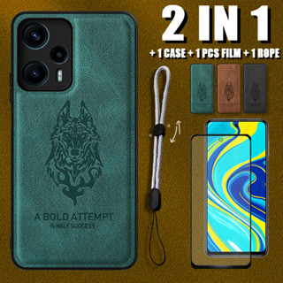 2 IN 1 เคสหนังหรูหรา พร้อมตัวป้องกันหน้าจอเซรามิค และสายคล้อง ปรับได้ สําหรับ Xiaomi poco F5