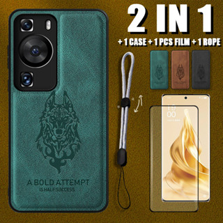 2 IN 1 เคสหนังหรูหรา พร้อมตัวป้องกันหน้าจอเซรามิค และสายคล้องโทรศัพท์มือถือ ปรับได้ ลายหมาป่า สําหรับ Huawei P60