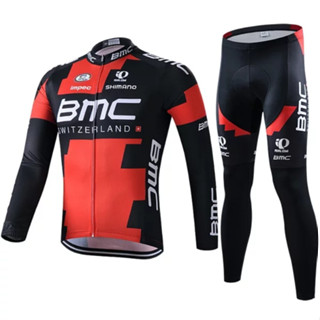 Bmc ผู้ชาย แขนยาว สีแดง ระบายอากาศ แห้งเร็ว ชุดเสื้อปั่นจักรยาน ชุดเจล แผ่นเอี๊ยม กางเกงขี่จักรยานเสือภูเขา เสื้อผ้า สวมกางเกงขายาว