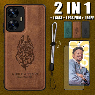 2 IN 1 เคสหนังหรูหรา พร้อมตัวป้องกันหน้าจอเซรามิค และสายคล้อง ปรับได้ สําหรับ Realme C55 NFC