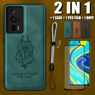 2 IN 1 เคสหนังหรูหรา พร้อมตัวป้องกันหน้าจอเซรามิค และสายคล้องโทรศัพท์มือถือ ปรับได้ ลายหมาป่า สําหรับ Xiaomi poco F5 pro