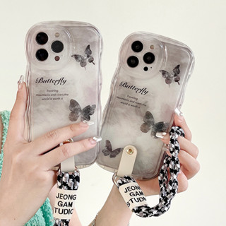 เคสโทรศัพท์มือถือ ซิลิโคนนิ่ม TPU กันกระแทก ลายผีเสื้อ พร้อมสายคล้อง แฟชั่น สําหรับ iphone 14 Pro Max 11promax 14 Plus 13 12 11 Pro Max 12promax 13promax 14promax