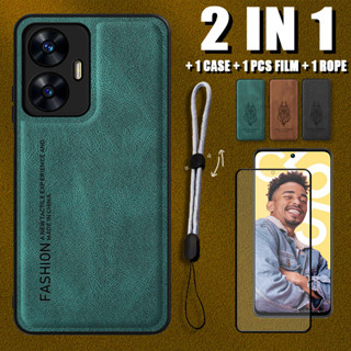 2 IN 1 เคสหนังหรูหรา พร้อมตัวป้องกันหน้าจอเซรามิค และสายคล้อง ปรับได้ สําหรับ Realme C55 NFC