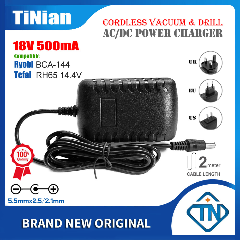 อะแดปเตอร์พาวเวอร์ซัพพลาย 18V 500mA AC DC สําหรับสว่าน Ryobi BCA-144 และที่ชาร์จแบตเตอรี่ไร้สาย Tefal Vacuum Air Force RS-RH5862 RH65 TY65 14.4V